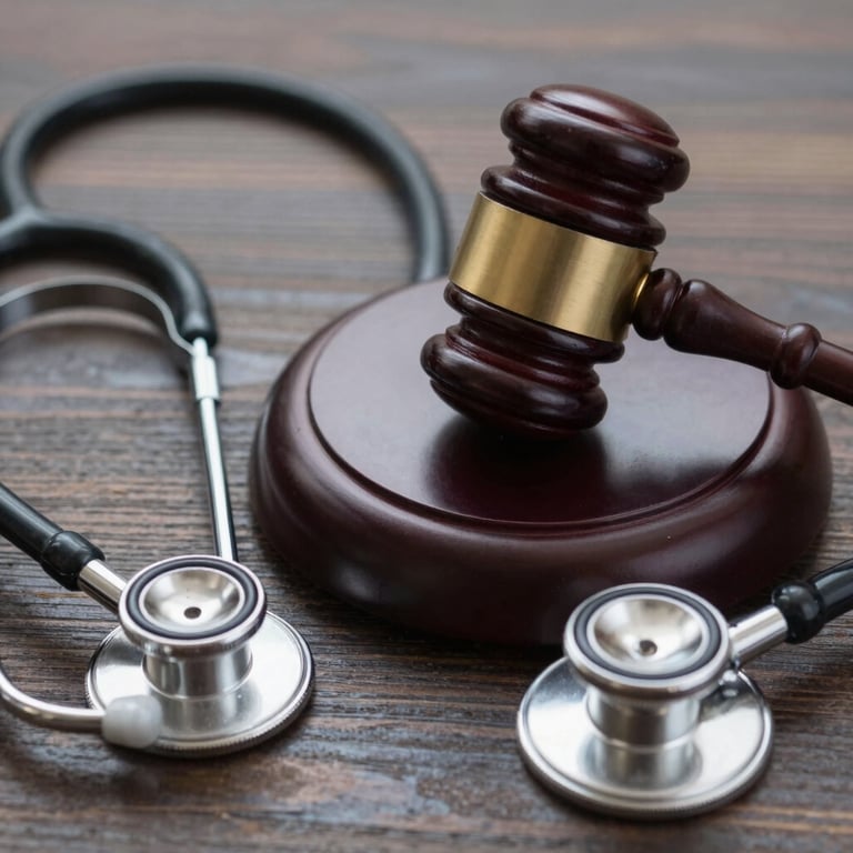 Macro shot of a legal gavel and a stethoscope on a dark wood surface, emphasizing the intersection of law and medicine.