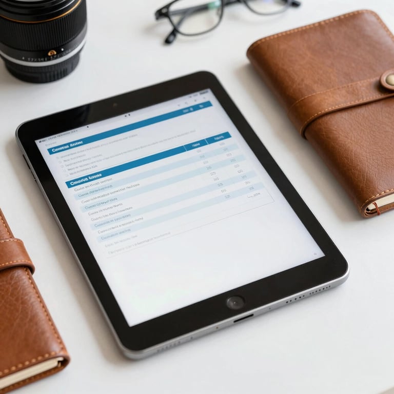 High-angle shot of a clean workspace with a digital tablet showing a medical report and a leather notebook.