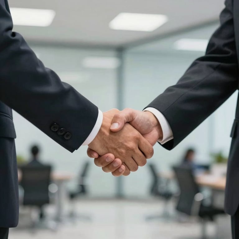 A handshake between two professionals in business attire in a modern Brazilian corporate setting.
