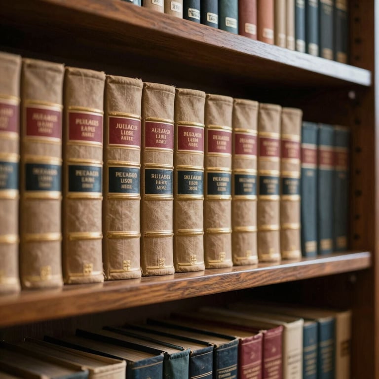 Detail of a bookshelf in a professional library containing thick legal codes and medical textbooks.
