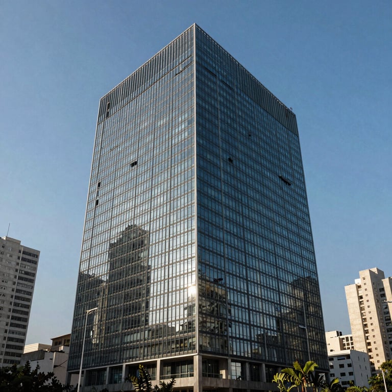 An architectural shot of a modern glass office building in a major Brazilian city under clear blue skies.