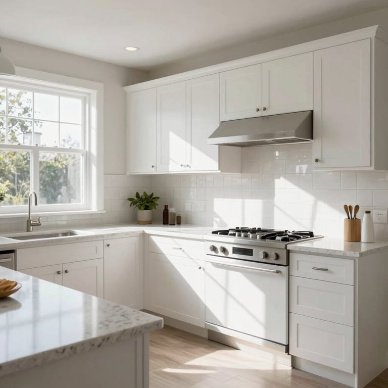 Bright sunlit kitchen remodel with clean white cabinets, polished quartz countertops, and modern tile backsplash, high-key natural daylight, wide angle.