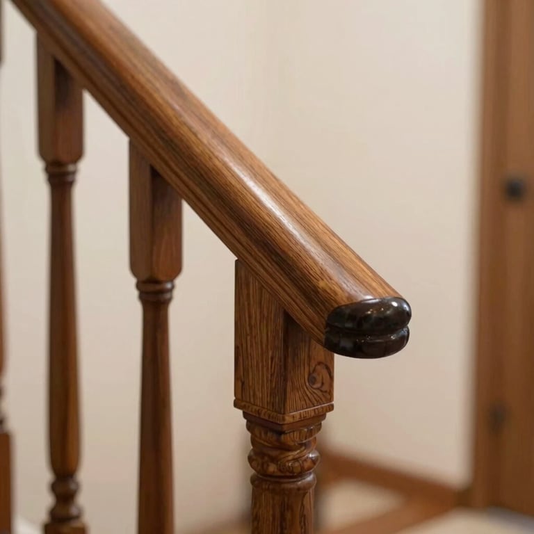 Close-up of a sturdy, beautifully designed timber handrail installed along a bright hallway, soft warm lighting, showcasing dignified safety design.