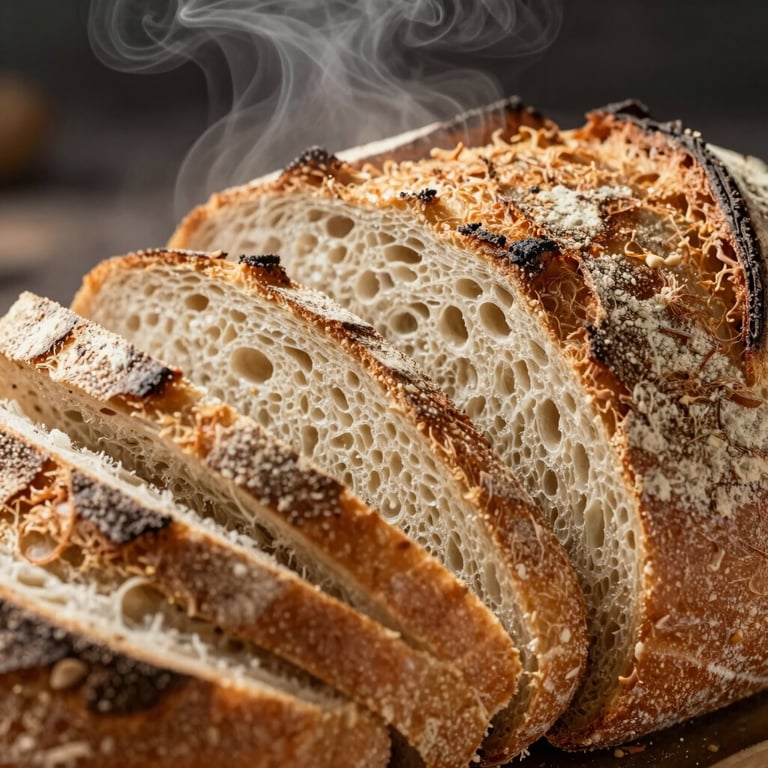 A macro shot of fresh artisanal bread being sliced, capturing the steam and texture.