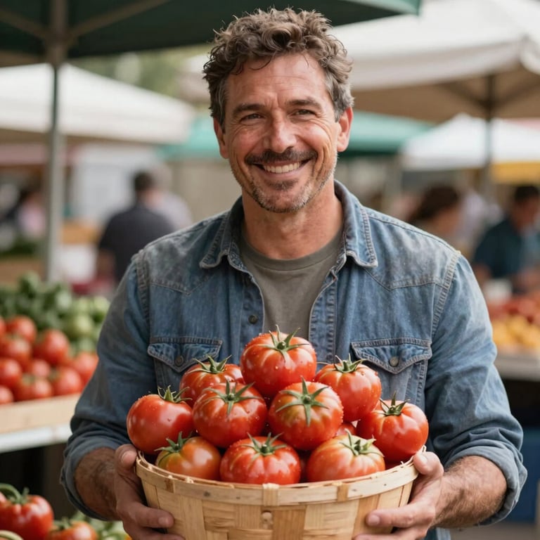 A local farmer smiling while holding a basket of ripe red heirloom tomatoes at an outdoor market.