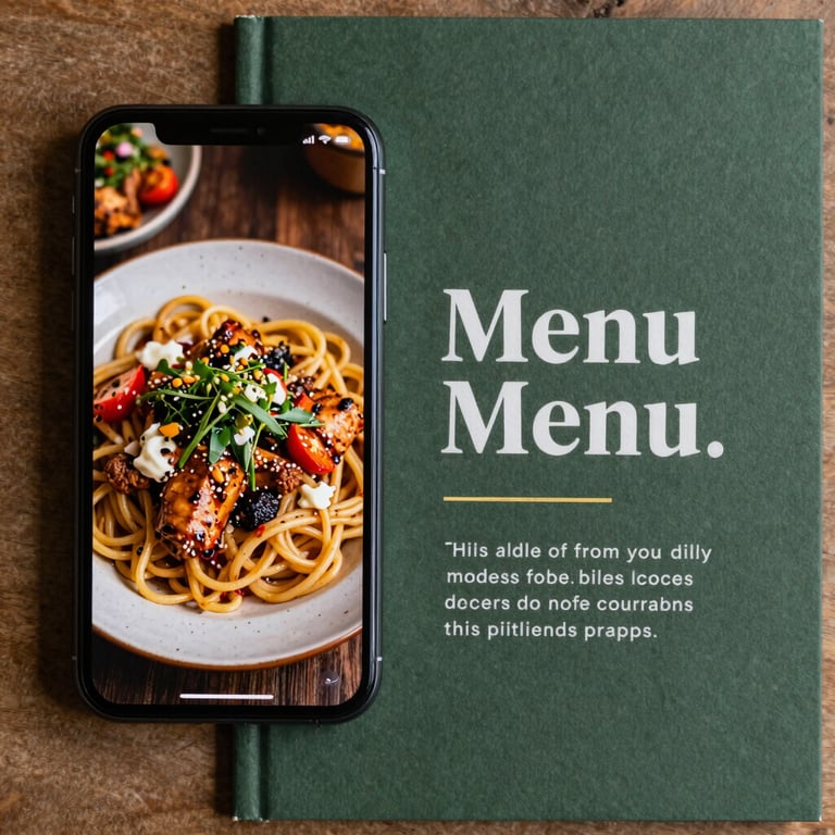 A stylish flat lay of a smartphone showing a high-quality food photography feed next to a Matte Forest Green menu.