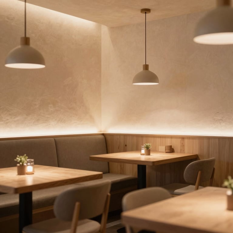The interior of a cozy, modern scandinavian-style restaurant with warm lighting and Crisp Parchment walls.