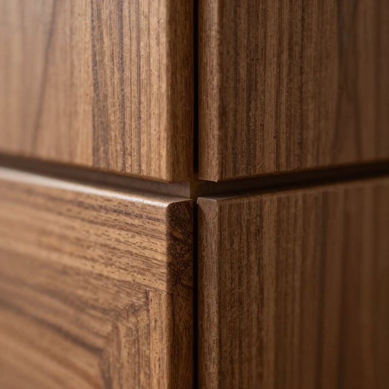 Extreme close-up macro shot of a perfectly flush cabinet joint, showcasing the razor-thin seam and matched walnut wood grain, soft side-lighting.