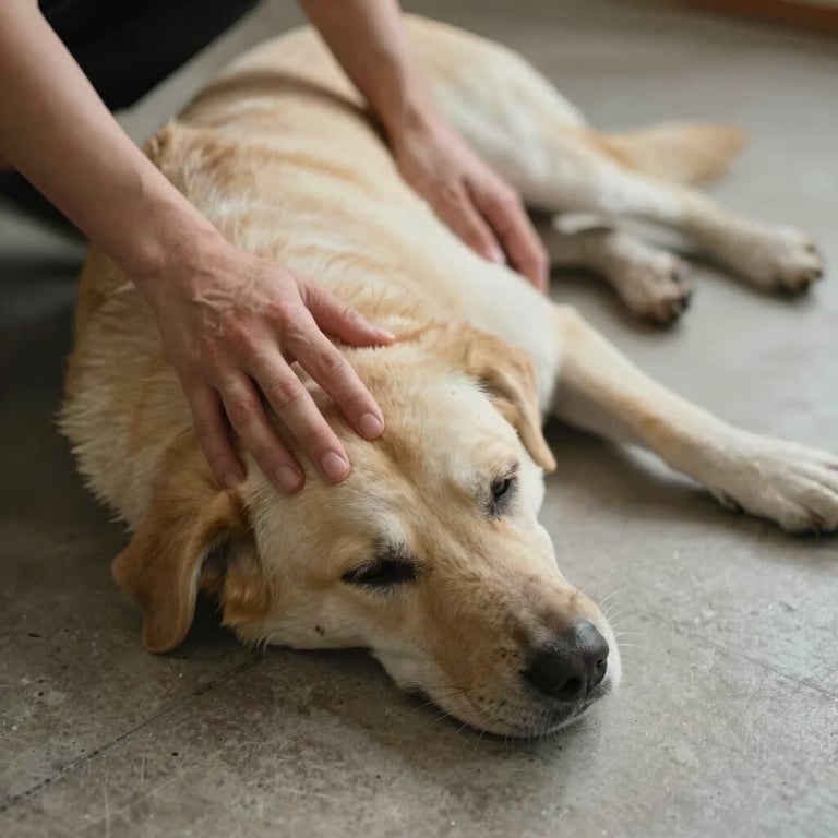 Overhead close perspective — a dog lying calmly on a neutral-toned floor, the adestradora's hands resting gently near the dog's shoulder without restraint, soft diffused natural light, the dog's eyes half-closed in a state of ease — stillness as the result of genuine communication, not compliance