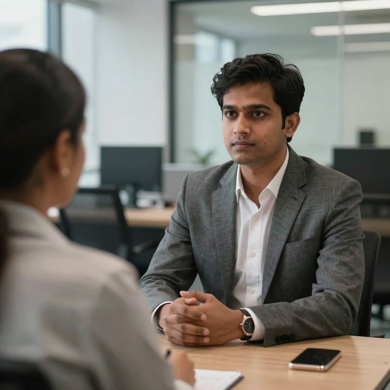 A South Asian / Indian recruitment professional conducting a job interview in a modern office in Raipur.