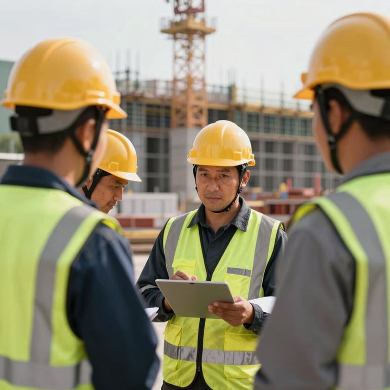 A construction site featuring workers in safety uniforms and helmets, emphasizing professional safety standards.