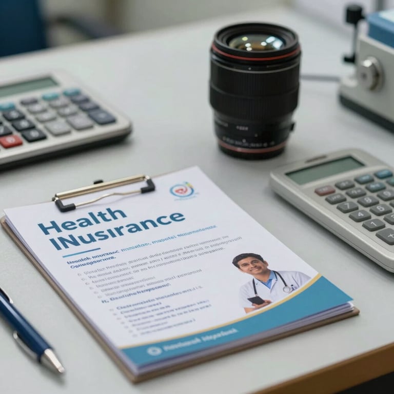 An administrative desk with a health insurance brochure and professional stationary in an Indian hospital.