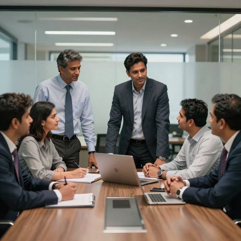 A group of South Asian / Indian business consultants collaborating in a boardroom with glass walls.
