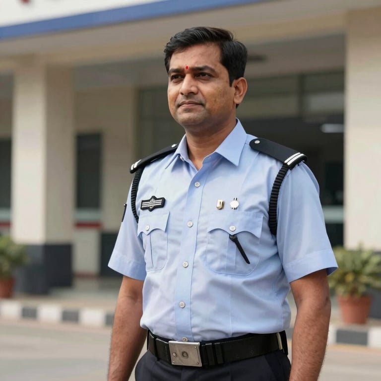 A security professional standing post at a corporate facility in Raipur, wearing a clean formal uniform.