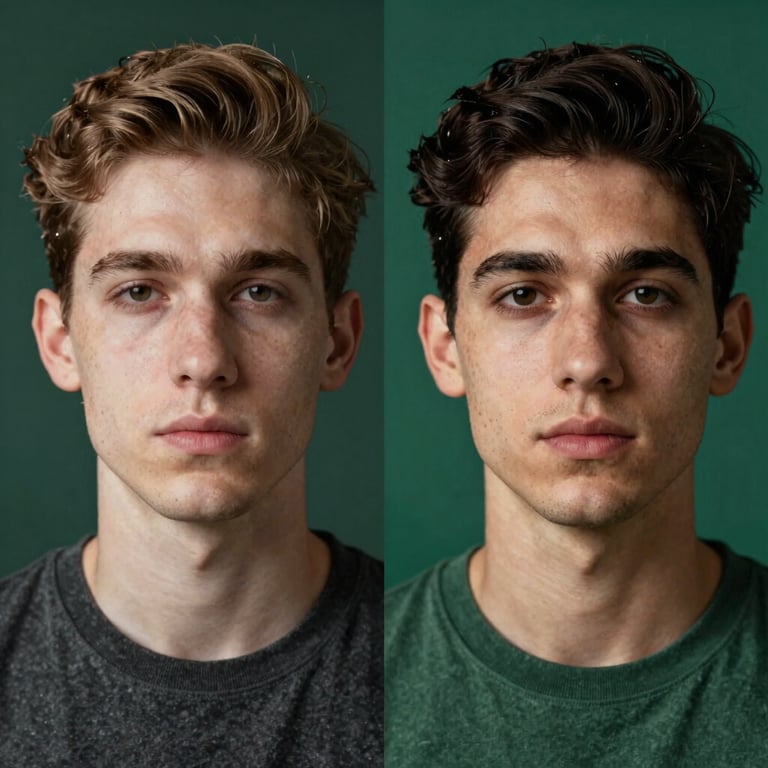 High-fidelity side-by-side comparison of a static portrait and a lip-synced avatar, clean dark interface, emerald green accents, studio-grade lighting