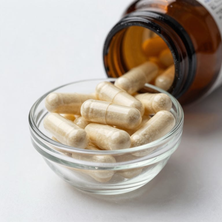 A small glass bowl containing assorted multi-vitamin capsules on a clean, clinical white background, high-key photography.