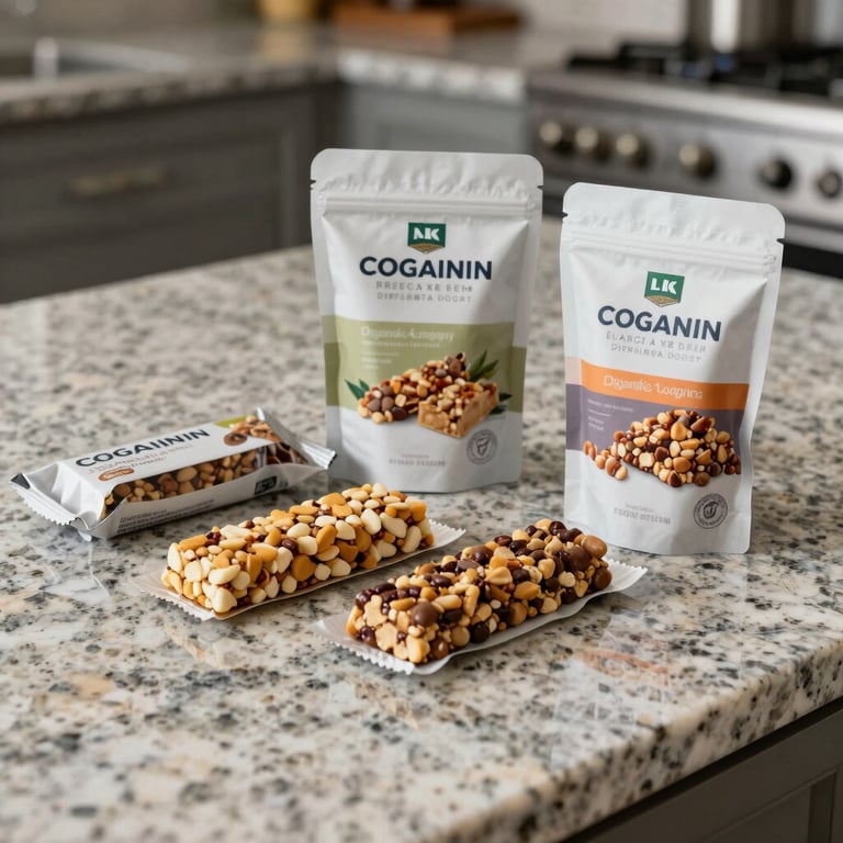 A selection of organic energy bars in professional packaging on a minimalist granite kitchen counter, North American home.