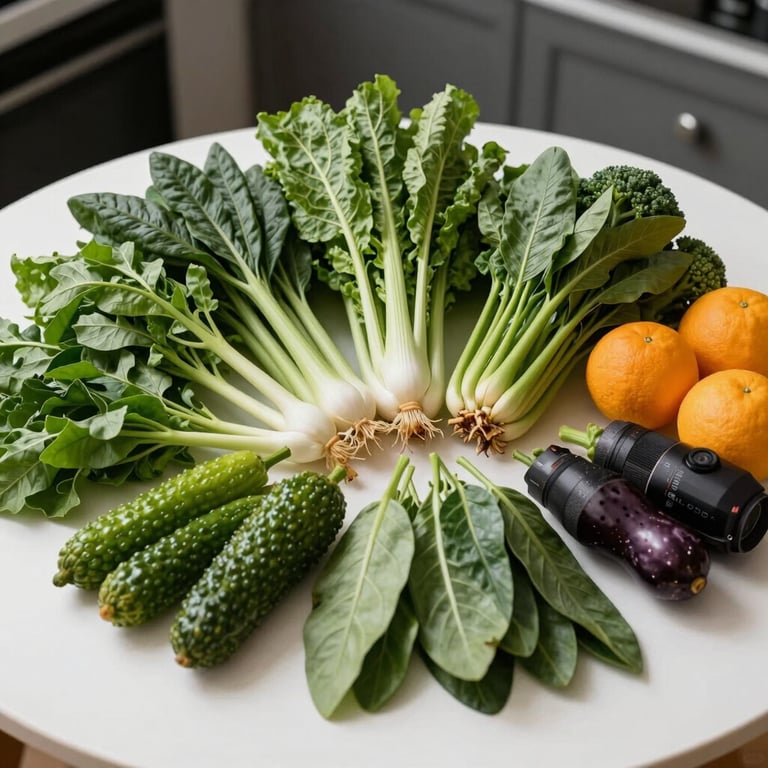 A variety of fresh organic green vegetables and citrus fruits arranged on a bright white table, professional lighting.