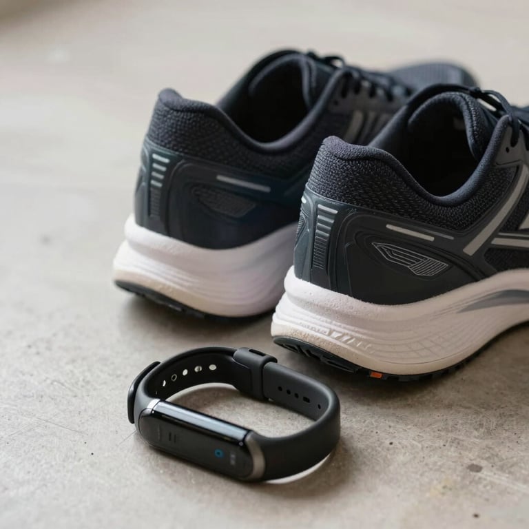 A pair of sleek running shoes and a modern fitness tracker resting on a light-colored floor, clean aesthetic.
