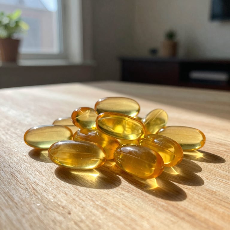 Golden omega-3 softgels glowing in natural sunlight on a clean wooden surface, North American home interior.
