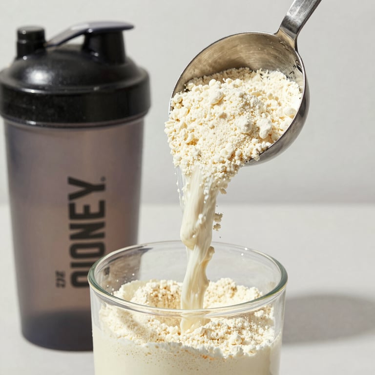 A stainless steel scoop pouring clean white whey protein powder into a modern shaker bottle, bright North American setting.