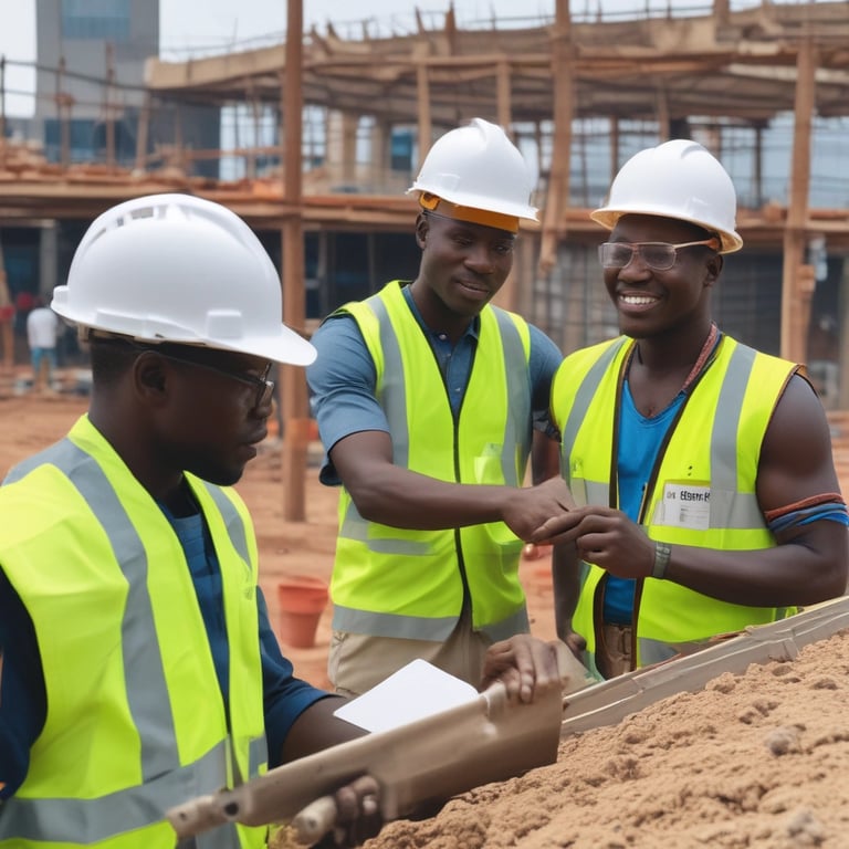 Skilled Ghanaian construction workers collaborating on a building site overseas.