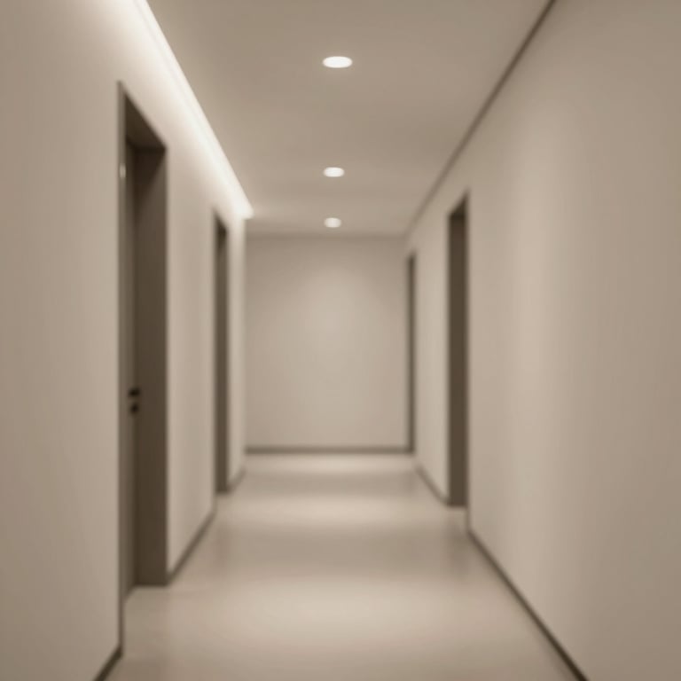 Interior hallway with smooth, matte finish paint and modern ceiling lighting.