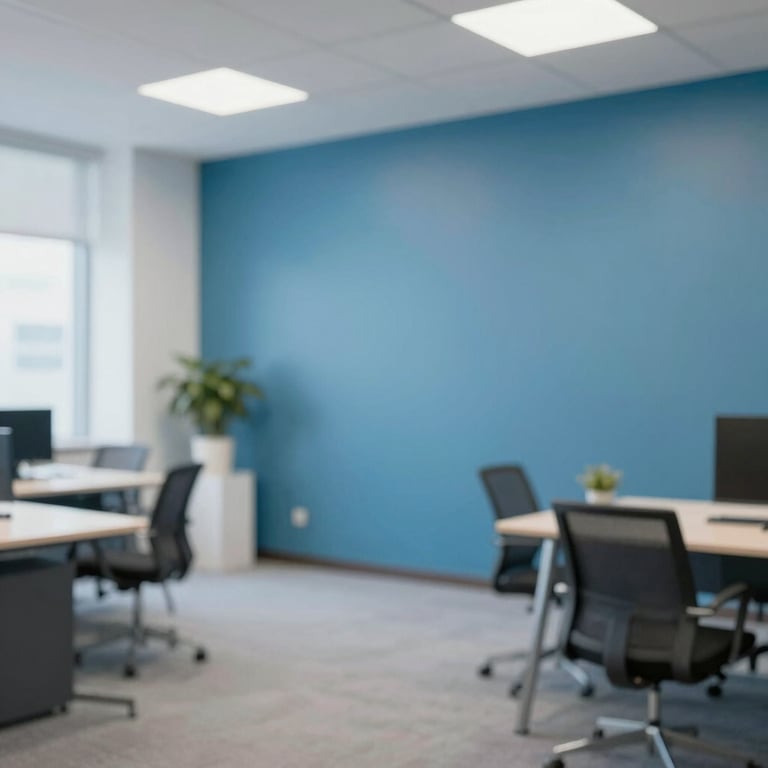 A commercial office interior with accent walls in #4C7B9E blue, looking clean and professional.