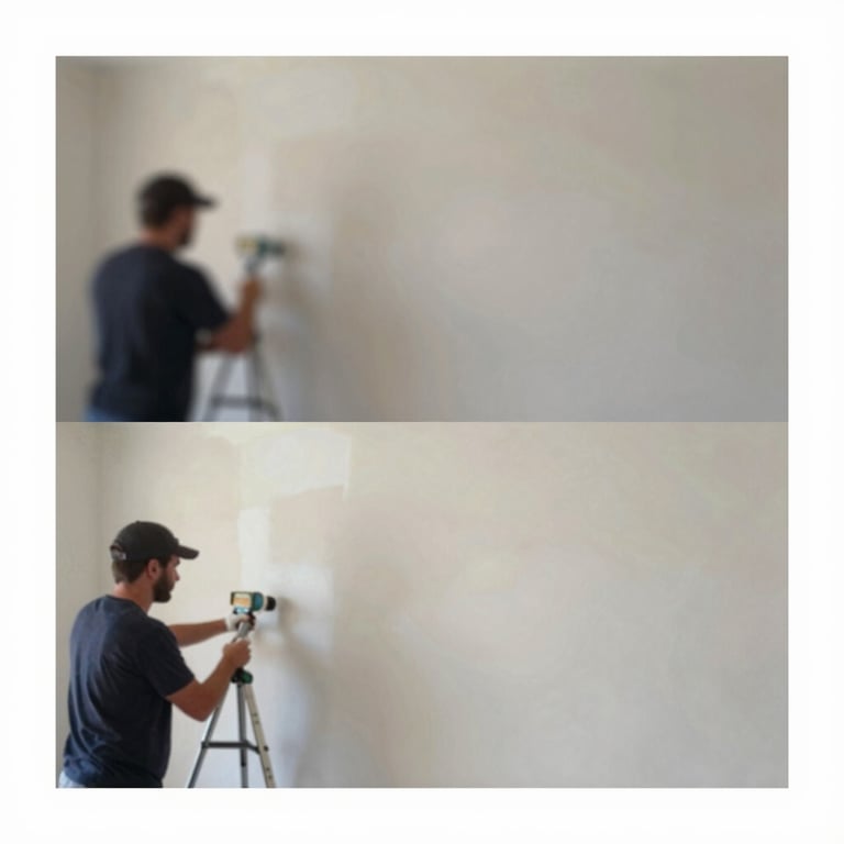 A before and after sequence of a residential wall repair and repainting.