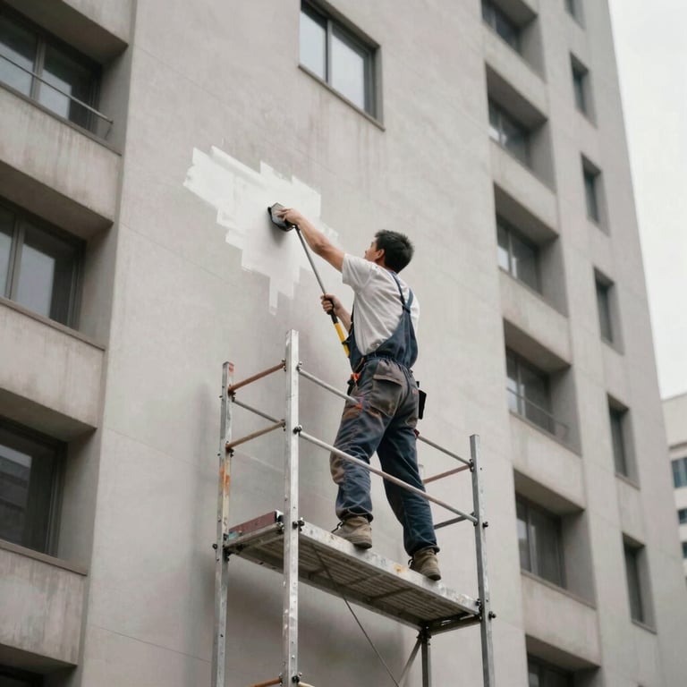Professional painter in action on a scaffold painting a tall building facade.