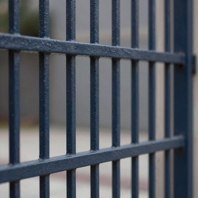Close-up of a perfectly painted metal gate in a dark #1E2A3A navy finish.