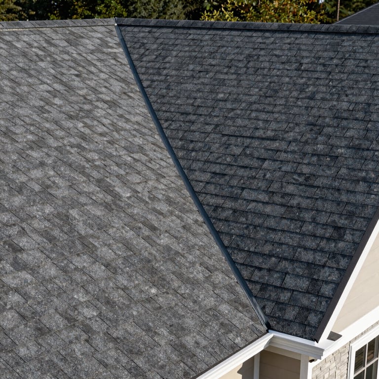Close-up of a newly installed roof with perfectly aligned architectural shingles on a suburban US home.