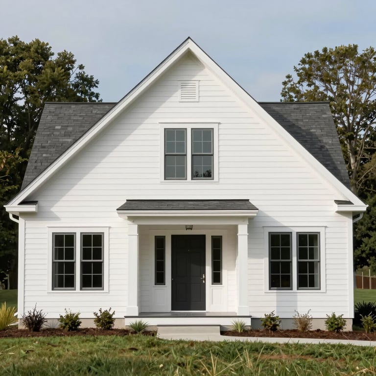 A finished home addition exterior with clean white siding and high-quality windows, integrated into a traditional North American / US landscape.