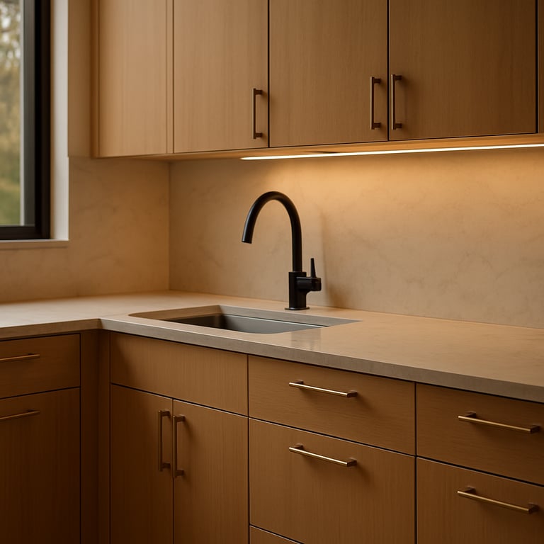 Interior detail of a modern kitchen remodel showing sleek countertops and custom Tan cabinetry in a warm light.