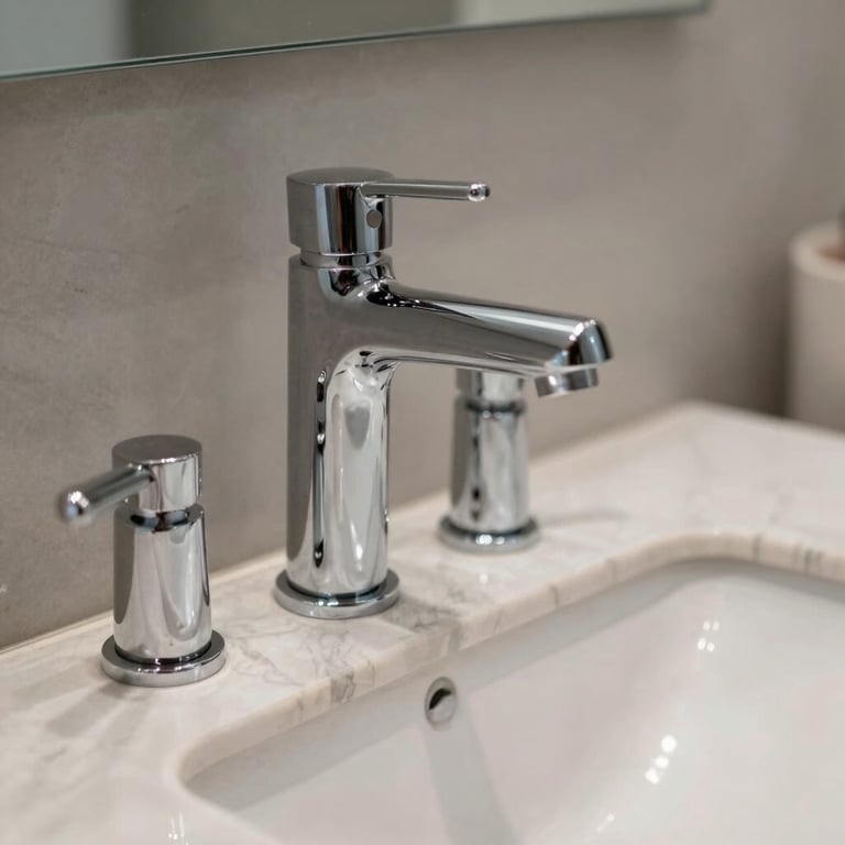 Detail of a bathroom renovation focusing on a luxury chrome faucet and a marble-patterned countertop.