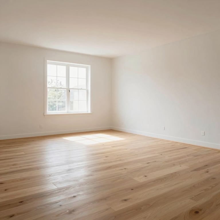 A bright, open-concept living space with brand new light wood flooring and freshly painted Off-white walls.