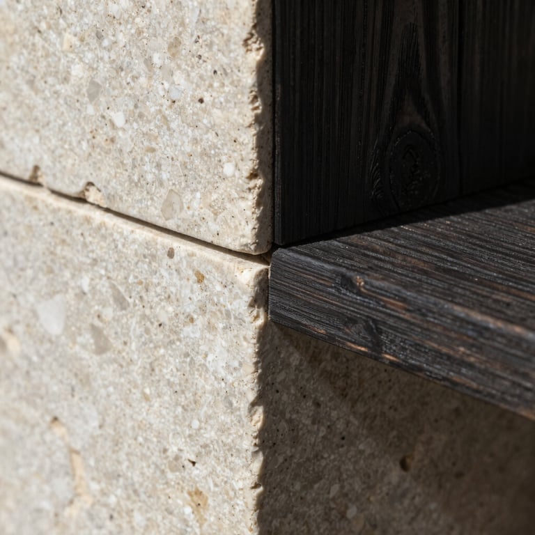 Macro detail of architectural material intersection, raw light travertine stone meeting dark charred wood, sharp geometric shadow line