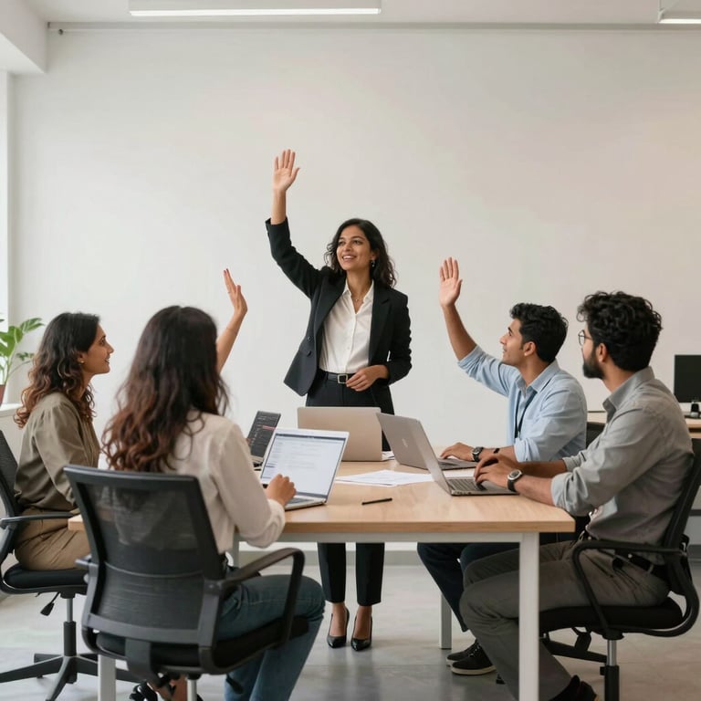 A team of recruiters celebrating a milestone in a clean, off-white minimalistic South Asian / Indian co-working space.