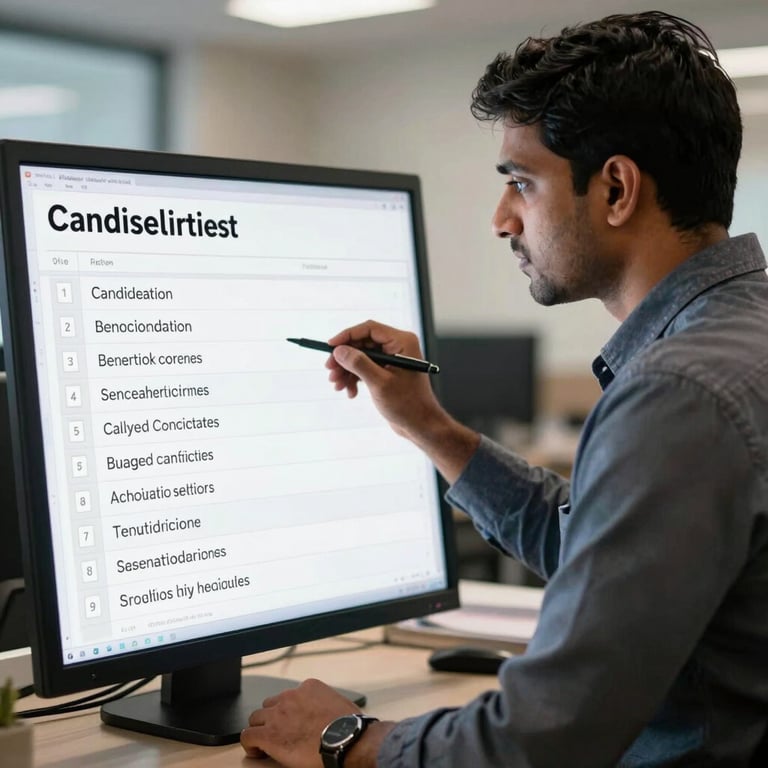 An HR professional in a South Asian / Indian office using an interactive screen to shortlist candidates.