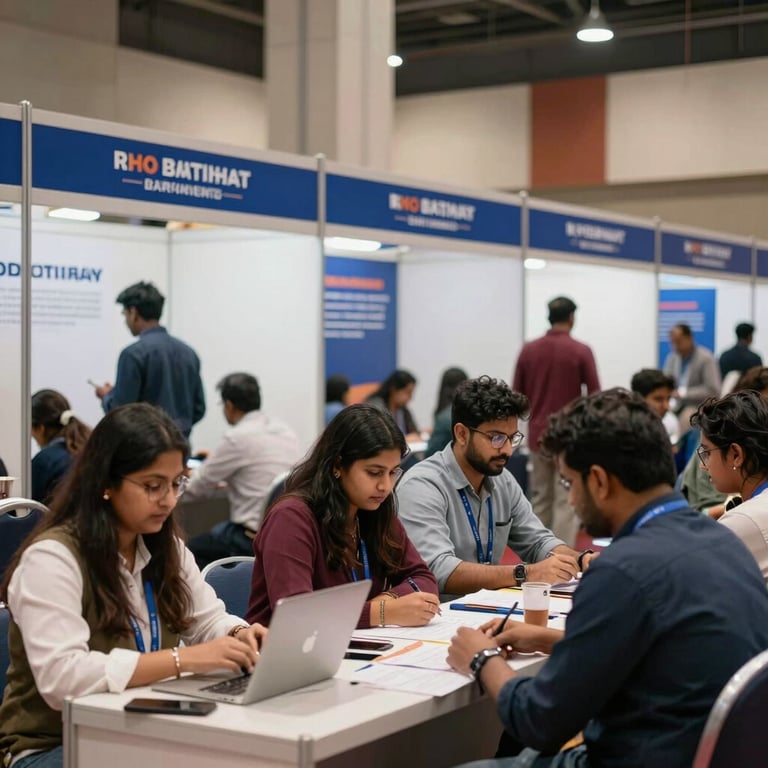 A bustling job fair event in a South Asian / Indian metropolitan hall, showing organized recruitment booths with professional blue branding.