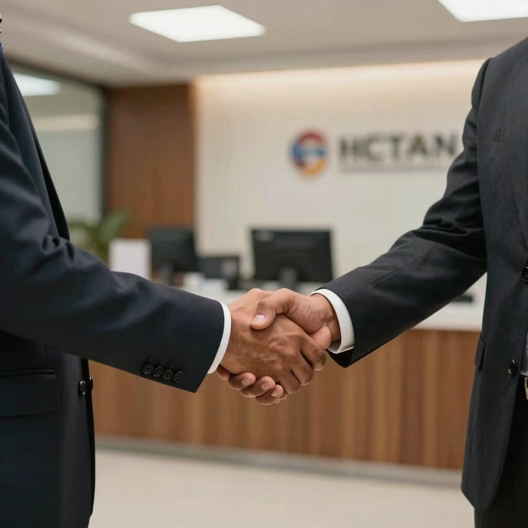 A professional handshake between two people in a South Asian / Indian office lobby, symbolizing a successful placement.