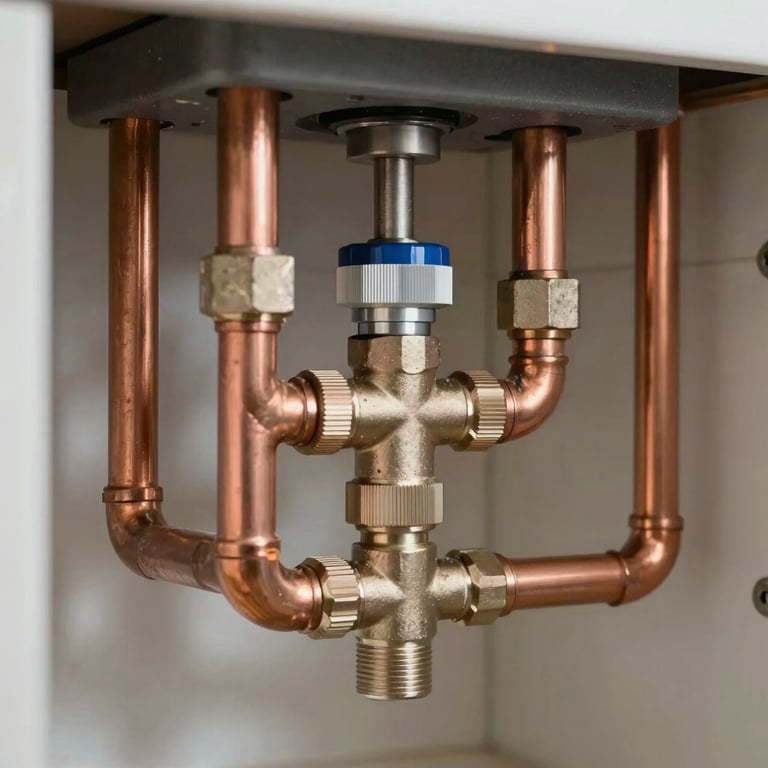 Close-up of a plumbing renovation in a kitchen, featuring high-quality copper piping and modern fittings.