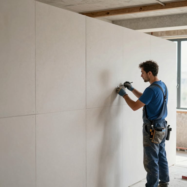 Construction of a modern partition wall using high-quality plasterboard (pladur) by skilled professionals in Spain.