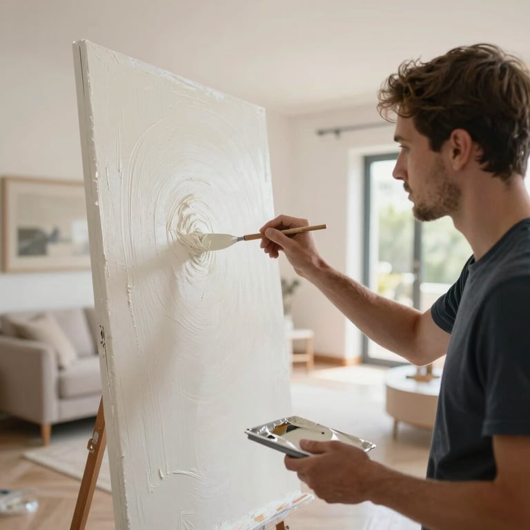 A professional painter applying a fresh coat of off-white paint to a spacious living room in a Spanish villa.