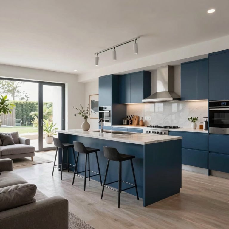 A wide shot of a fully renovated open-plan living room and kitchen area, showcasing modern craftsmanship and steel blue accents.