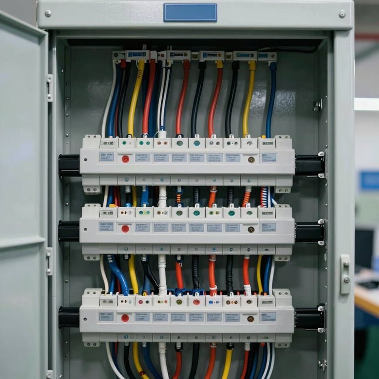 Detailed photography of a professional electrical panel installation, showing organized wiring and modern components.