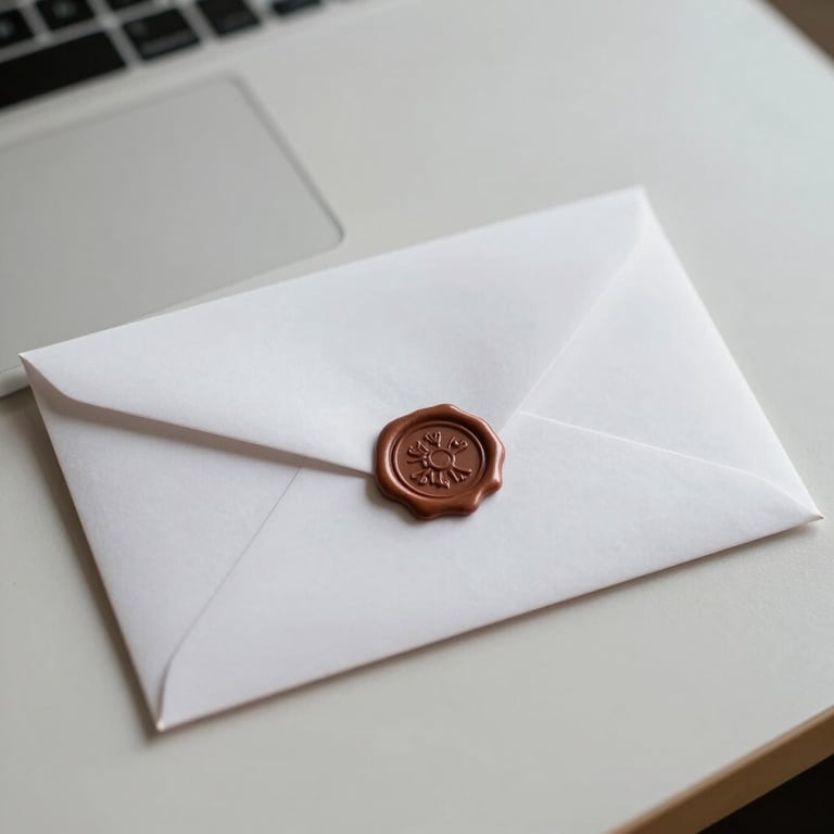 A premium white envelope with a wax seal on a minimalist desk, representing exclusivity and confidentiality.
