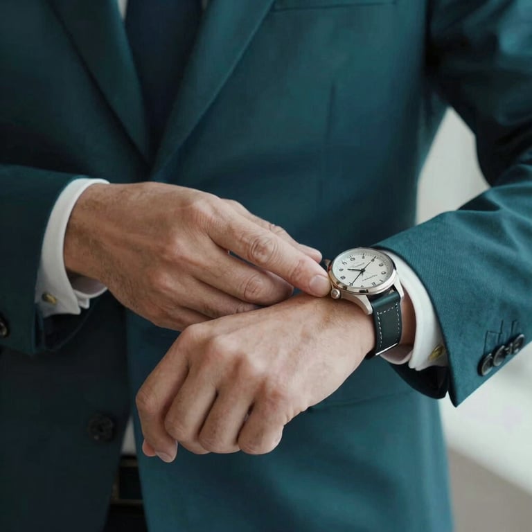 A close-up of a person in a sharp dark teal suit sleeve adjusting a watch, symbolizing precision and time management. Global / Spanish-speaking.