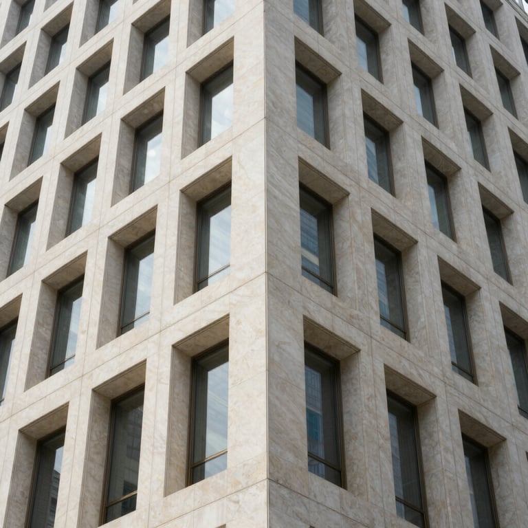 Architectural detail of a modern financial center building, focusing on geometric lines of white stone and gold accents.