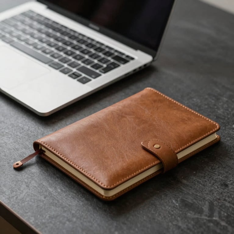 A sleek, modern workspace featuring a high-end laptop and a leather notebook in an organized, minimalist layout.